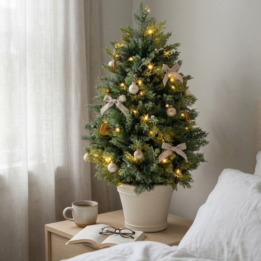The lit tree on a bedside table beside a mug and reading glasses