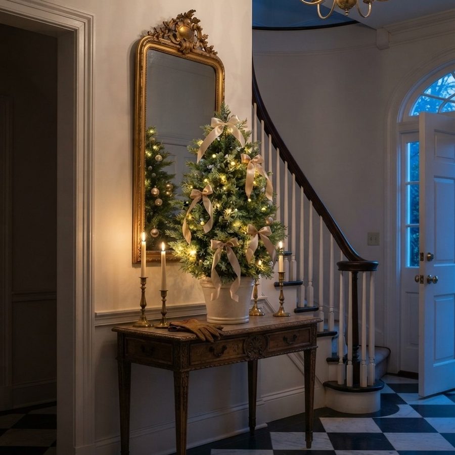 The tree on an entryway console beneath a gilt mirror, with candles