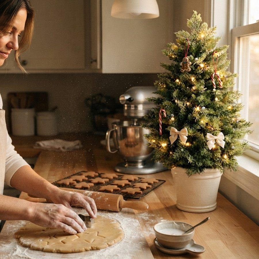 The tree on a kitchen counter while biscuits are cut out nearby