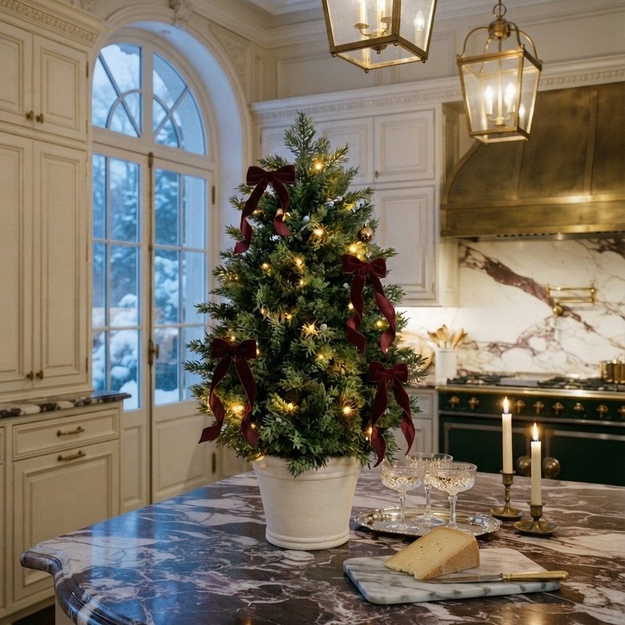 The tree with burgundy ribbons on a marble kitchen island