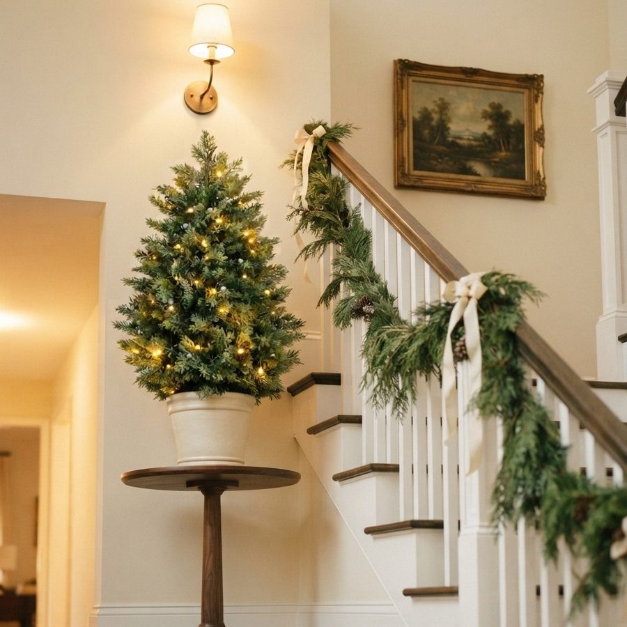 The tree on a side table beside a garlanded staircase