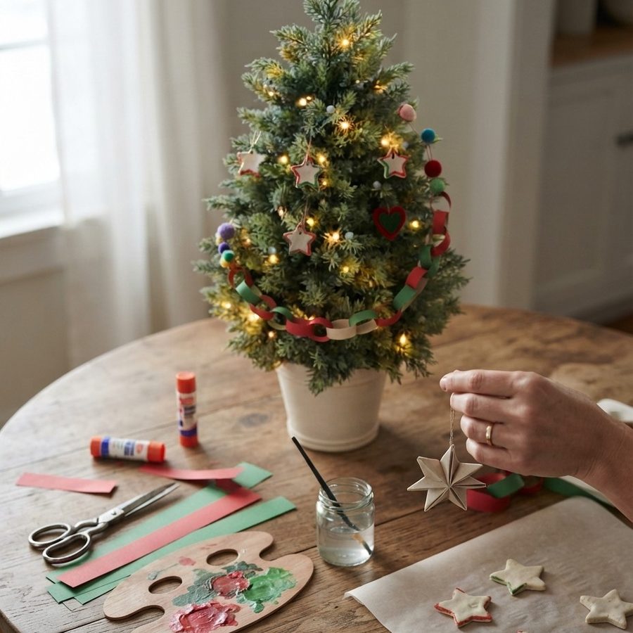 The tree hung with paper chains and handmade ornaments on a craft table