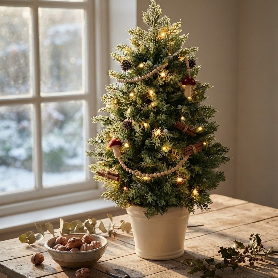 The tree with wooden bead garland and cinnamon sticks by a snowy window