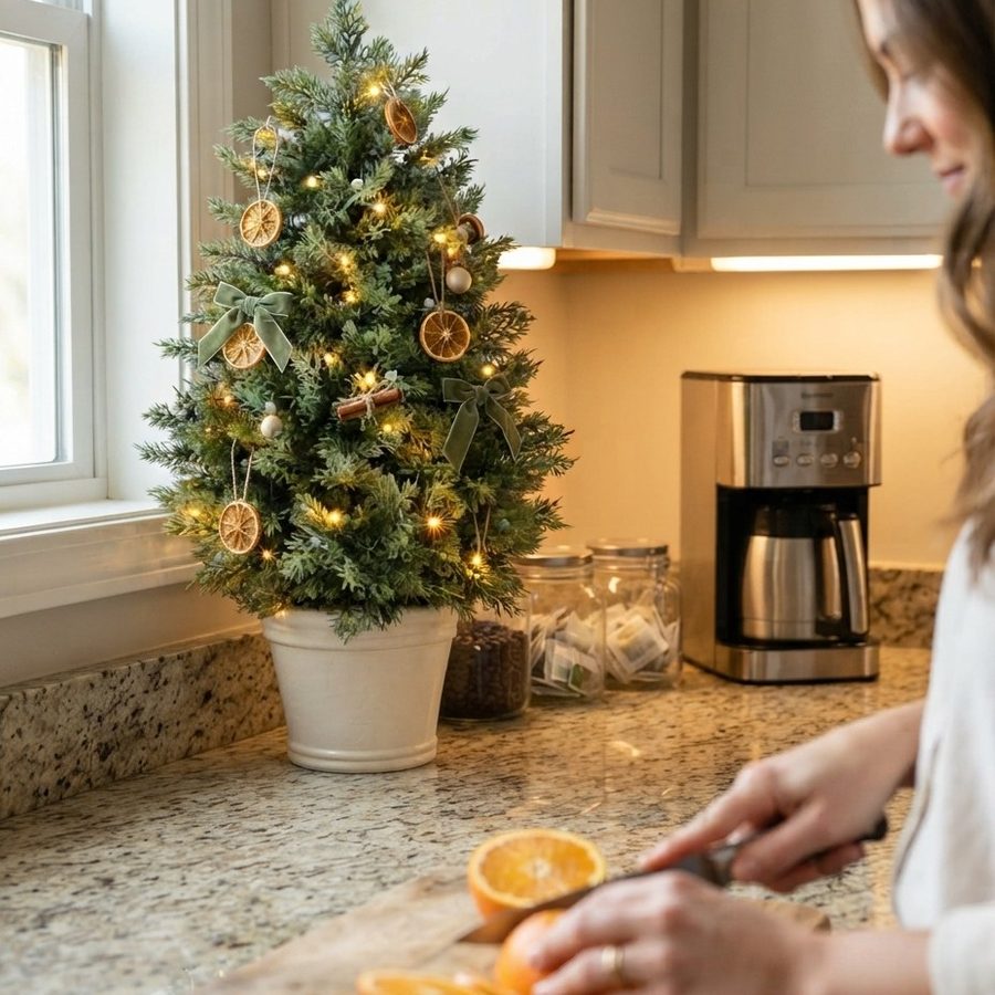The tree trimmed with dried orange slices on a kitchen windowsill