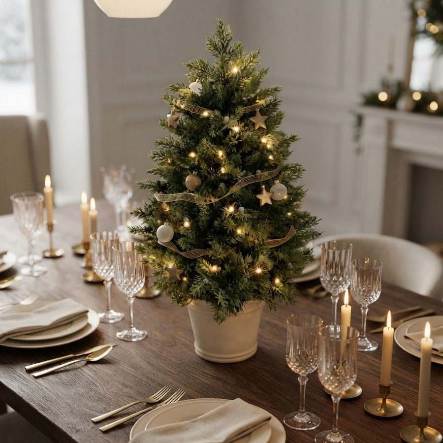 The tree as a centrepiece on a laid dining table with candles and crystal