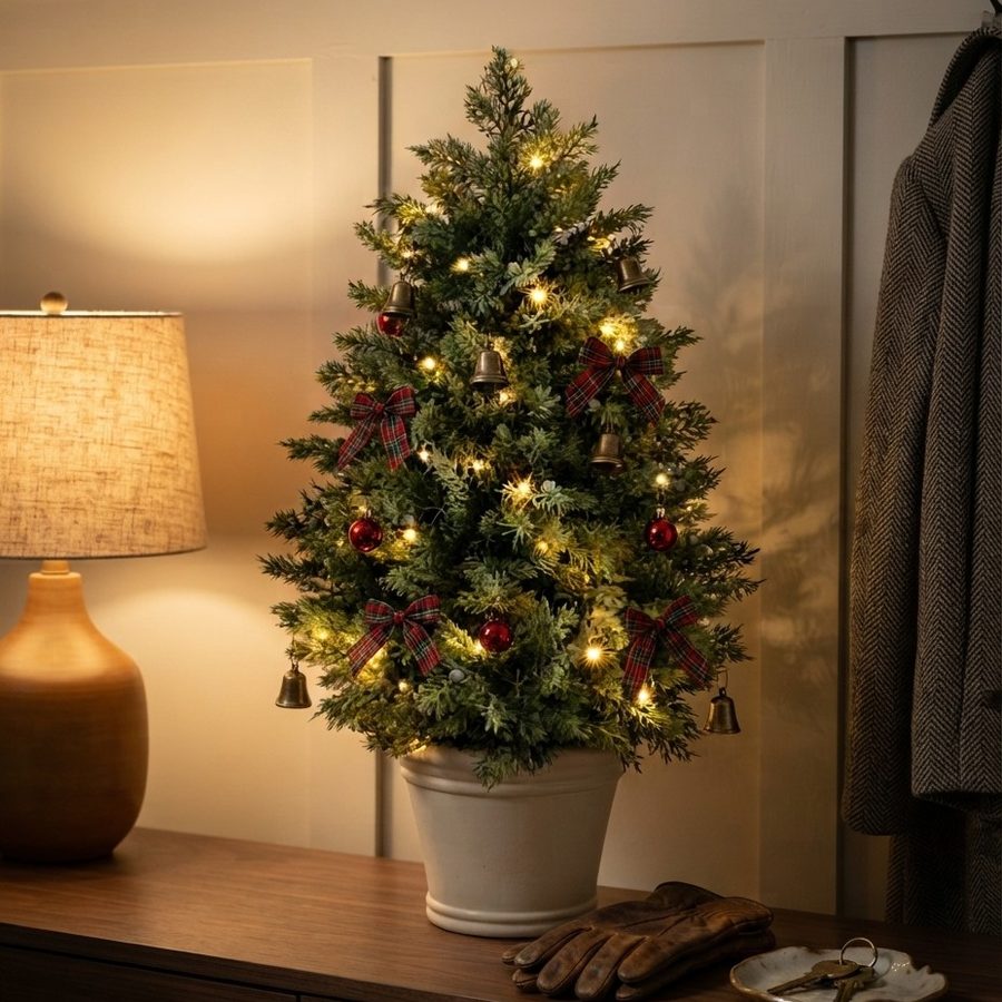The tree with tartan bows and brass bells on a hallway sideboard