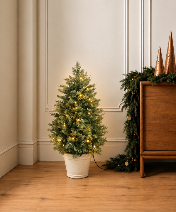 Gonice Pre-Lit Artificial Christmas Tree — One-Piece Potted Tree with Warm White LEDs