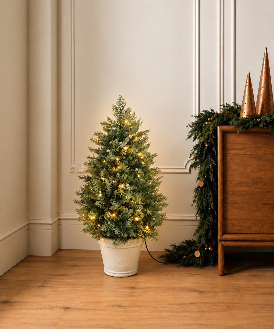 Gonice Pre-Lit Artificial Christmas Tree — One-Piece Potted Tree with Warm White LEDs